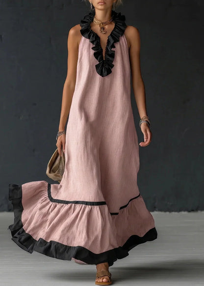 Vestido largo de mujer con volantes y cuello halter