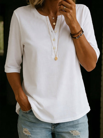 Pilar | Top de algodón con cuello henley y manga tres cuartos